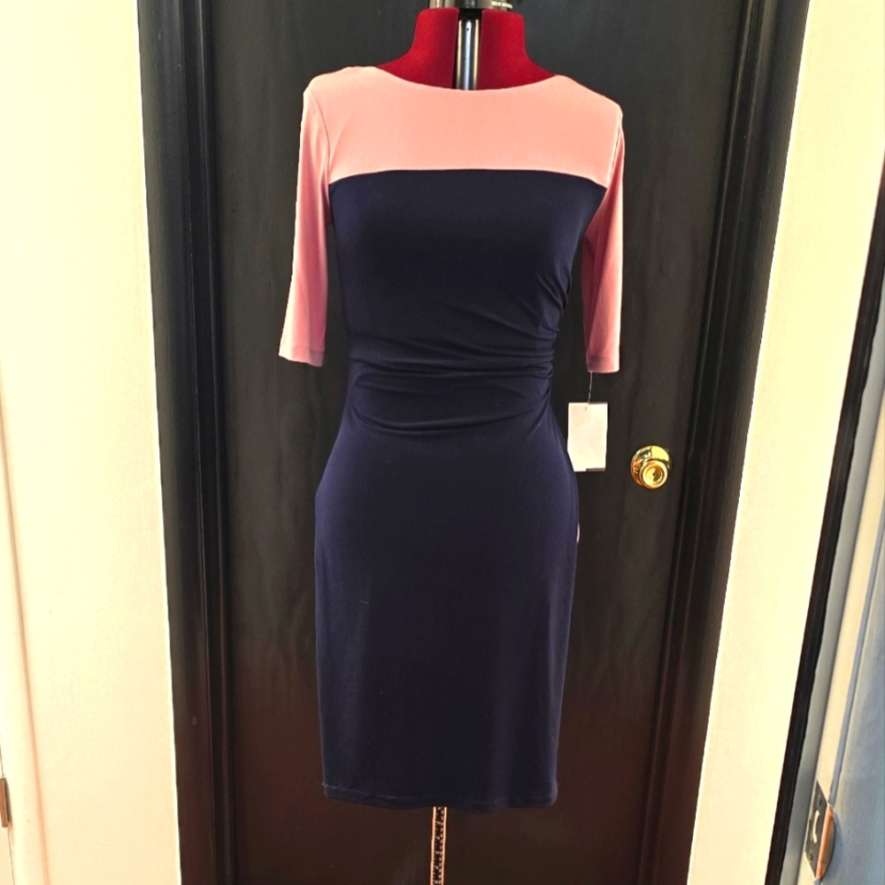 NWT Navy Pink Ruched Waist Dress - Picture 1 of 7